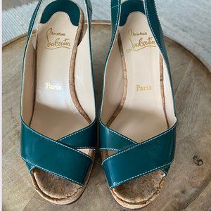 Christian Louboutin Marpoil Slingback Cork Wedges/ Green/turquoise Patent 4"